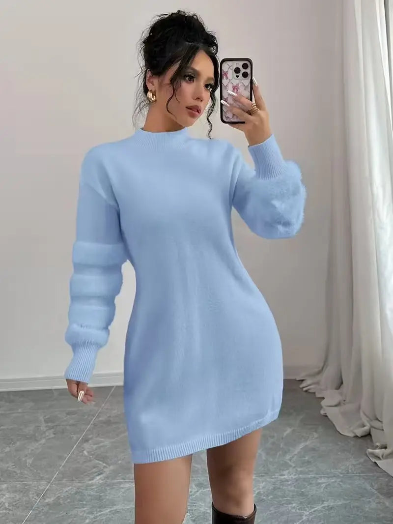 Women's Casual Solid-Color Stand-Collar Loose-Fit Knit Patchwork Dress, Belt Not Included, Fall/Winter Women's Apparel