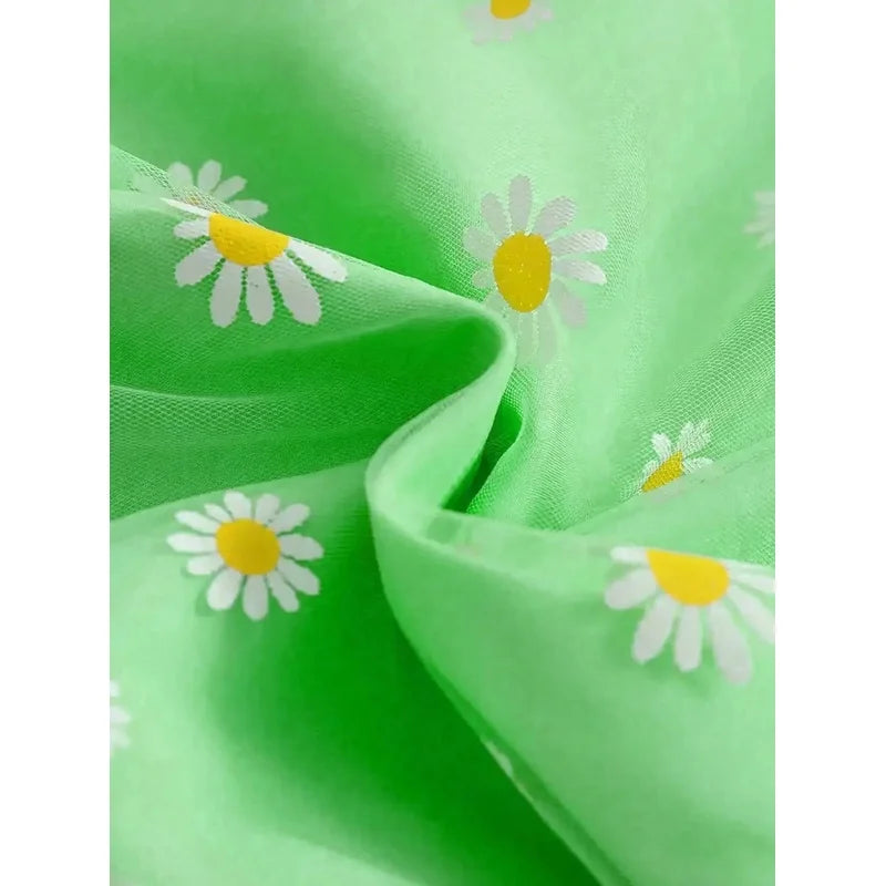 Girls Summer Dress Elegant Daisy Print Mesh Layered Strap Ruffle Bottom Outfit Yellow Green Blue - Children's Clothing