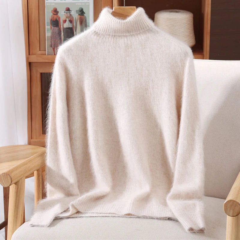 2025 Autumn/Winter New Women's 100% Mink Fur High Collar Sweater With Thick Pullover knit Sweater, Solid Color, High-End Fashion