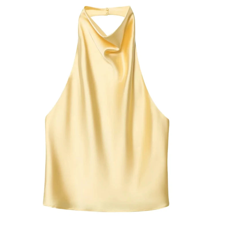 HXAO Halter Neck Women's Top Off Shoulder Satin Crop Top Women Summer Sexy Backless Tank Party Tops Y2K Aesthetic Camisole