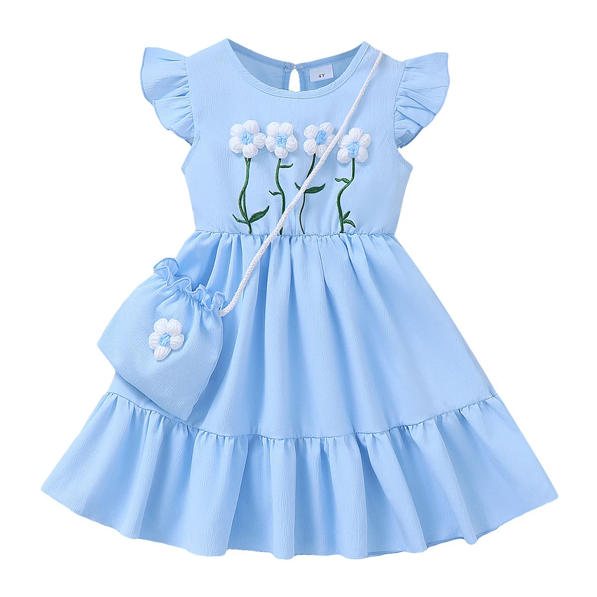 3PCS Fashion Girls 1-6 Years Old Summer Blue Sweet Sleeveless A-line Children's Dress 3D Wool Flower+Small Pocket Casual Dress