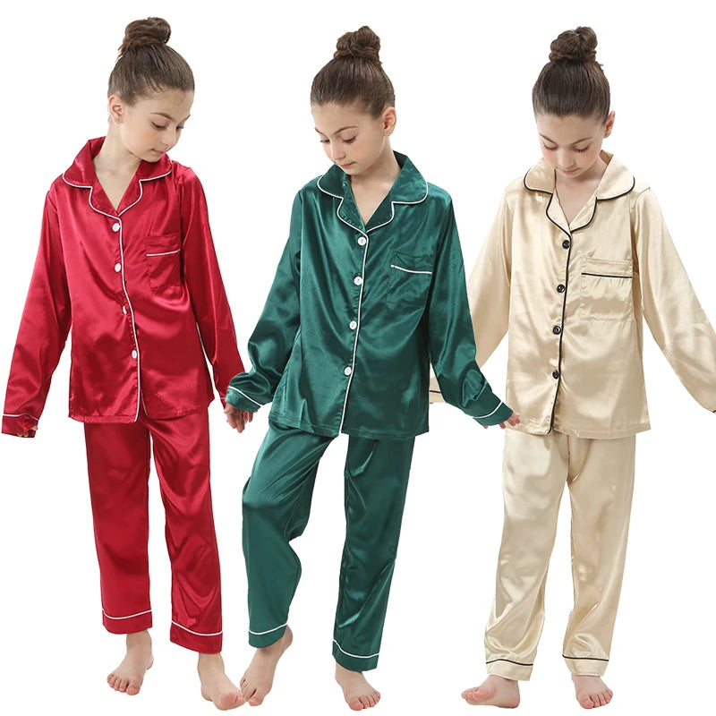 2 4 6 8 10 12 14 Years Children's Loungewear Teenage Satin Sleepwear Spring Autumn Boy Girl Pyjamas Kids Long Sleeved Pajama Set