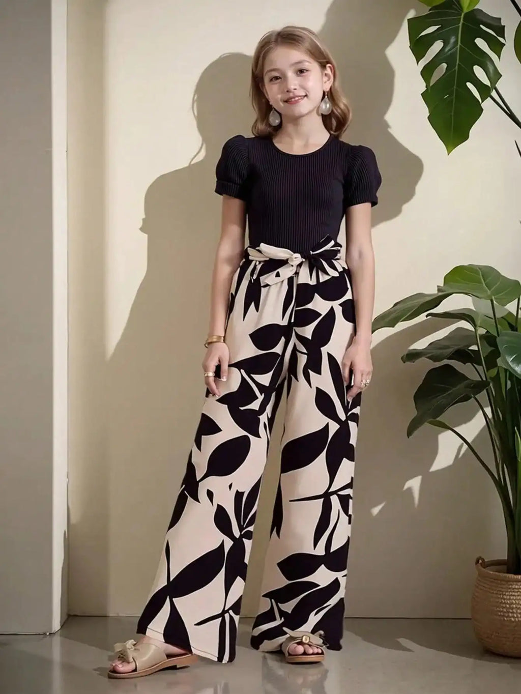 Girls' solid color waist tied bow top, loose wide leg pants for summer vacation, suitable for outdoor wear