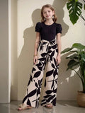 Girls' solid color waist tied bow top, loose wide leg pants for summer vacation, suitable for outdoor wear