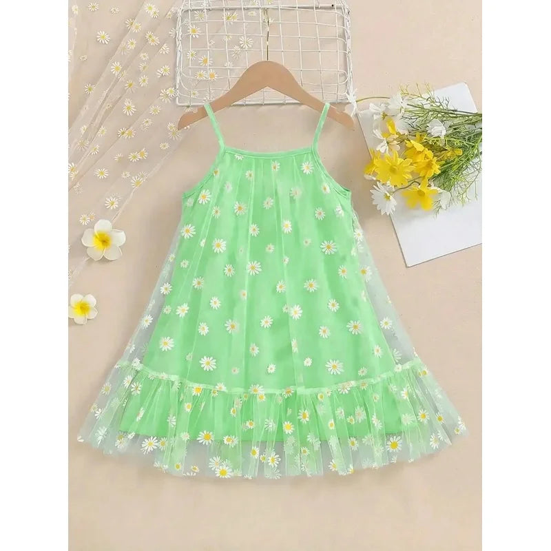 Girls Summer Dress Elegant Daisy Print Mesh Layered Strap Ruffle Bottom Outfit Yellow Green Blue - Children's Clothing