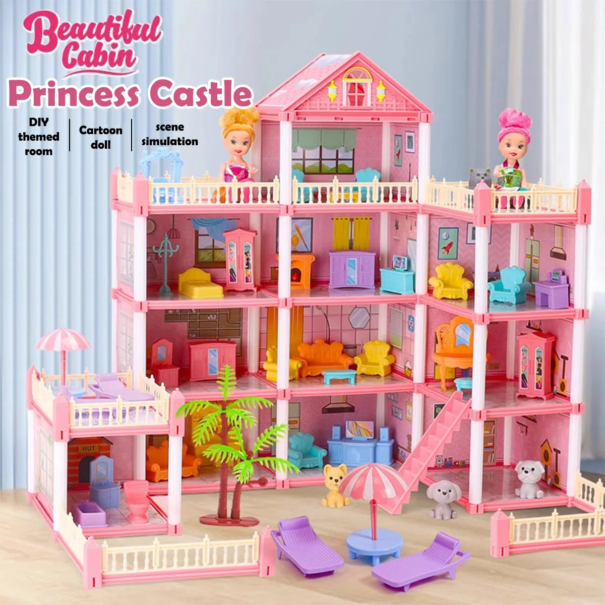 Girl Doll House Toy 3d Assembly Dollhouse Diy Mini Toy Accessories Villa Princess Pink Castle Children Pretend Birthday Gift