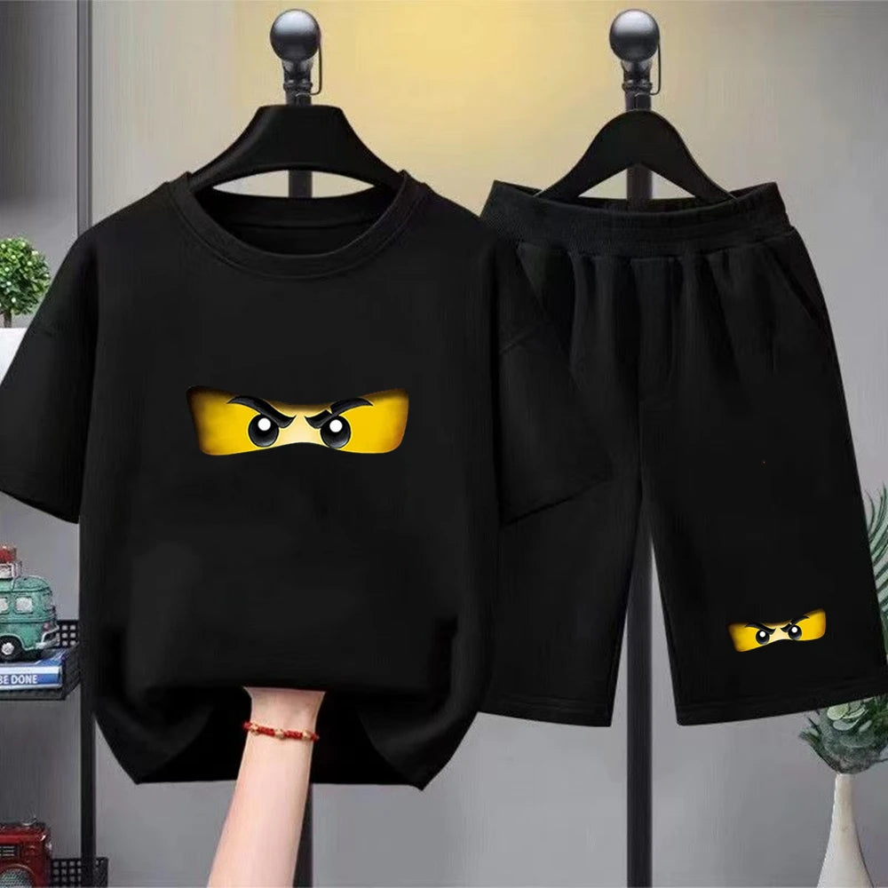 Summer T-Shirt Boy Girls Red Casual TShirt+Shorts Sets Ninja Printed Kids Outfits Teen Children's Short Sleeve Tops