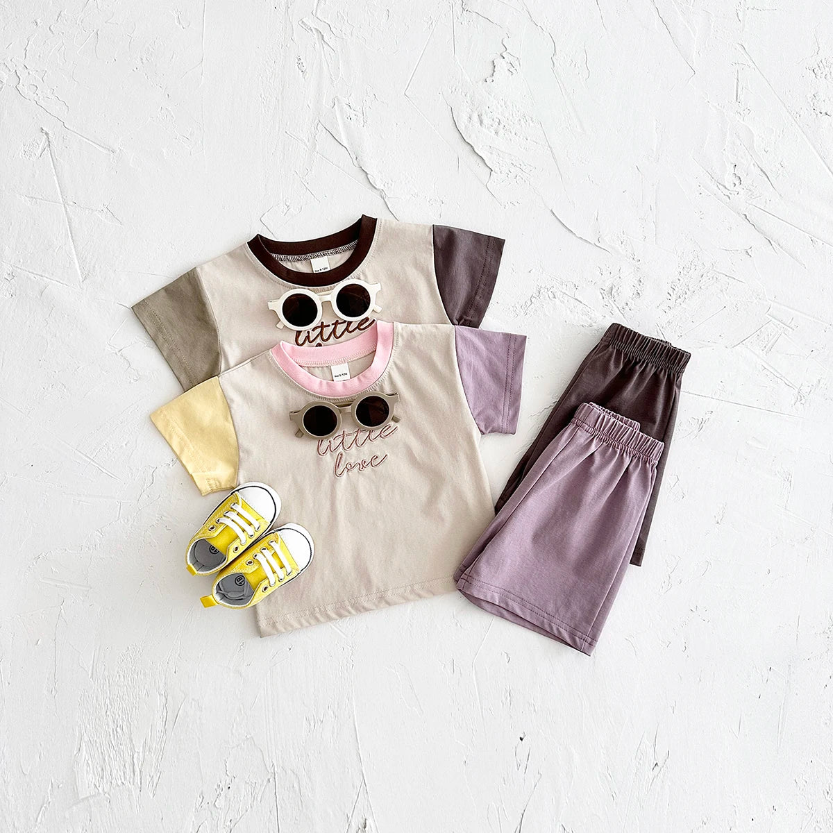 2024 New Baby Girls Clothes Set Casual Embroidered Letters Color Patchwork Short Sleeved T-shirt+loose Shorts Summer Boys Suit