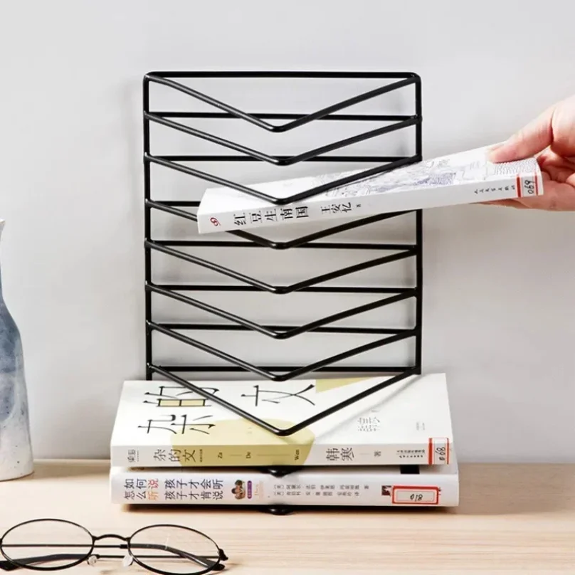 Book Storage Rack Desktop Iron Bookshelf Vinyl Records Holder Student Stationeres Organizer Newspapers Magazines Stand