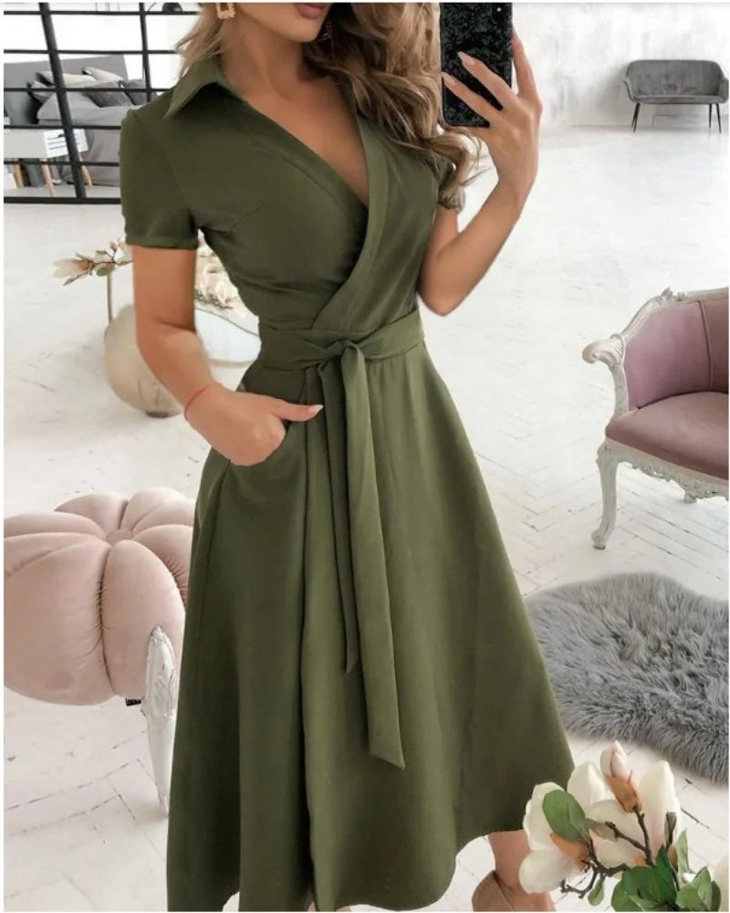 Women's Short Sleeve Wrap Dress V Neck Midi Dress With Self Tie Belt And Side Pockets For Casual Party Evening Wear