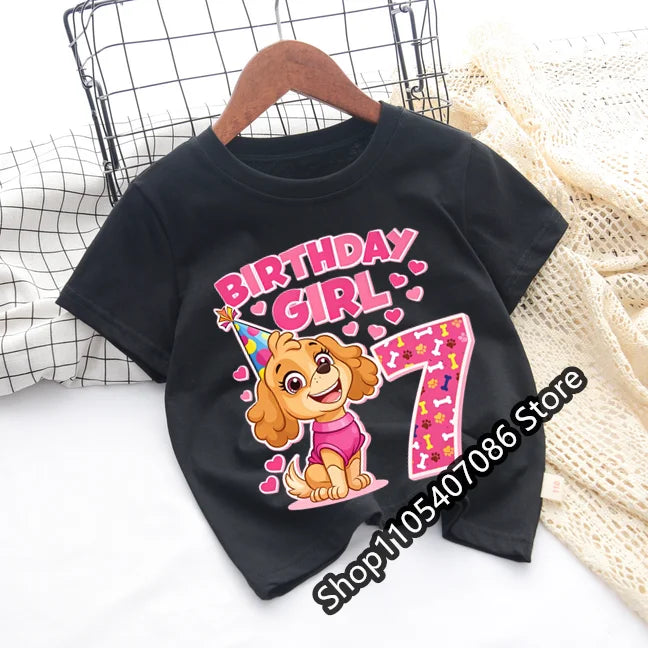 Paw Patrol Skye T-shirt Children Birthday Number Tee Top Girls Pink Clothes Cartoon Anime Short Sleeve Kids Loose Clothing Gift