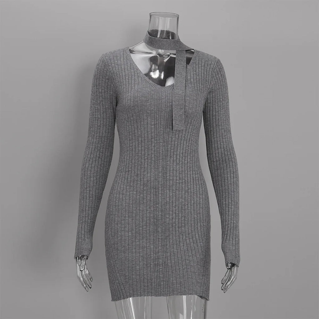 Dress with New Ribbed Mini Detachable Neck Scarf Design for Women's Elegant Outdoor Short Skirt