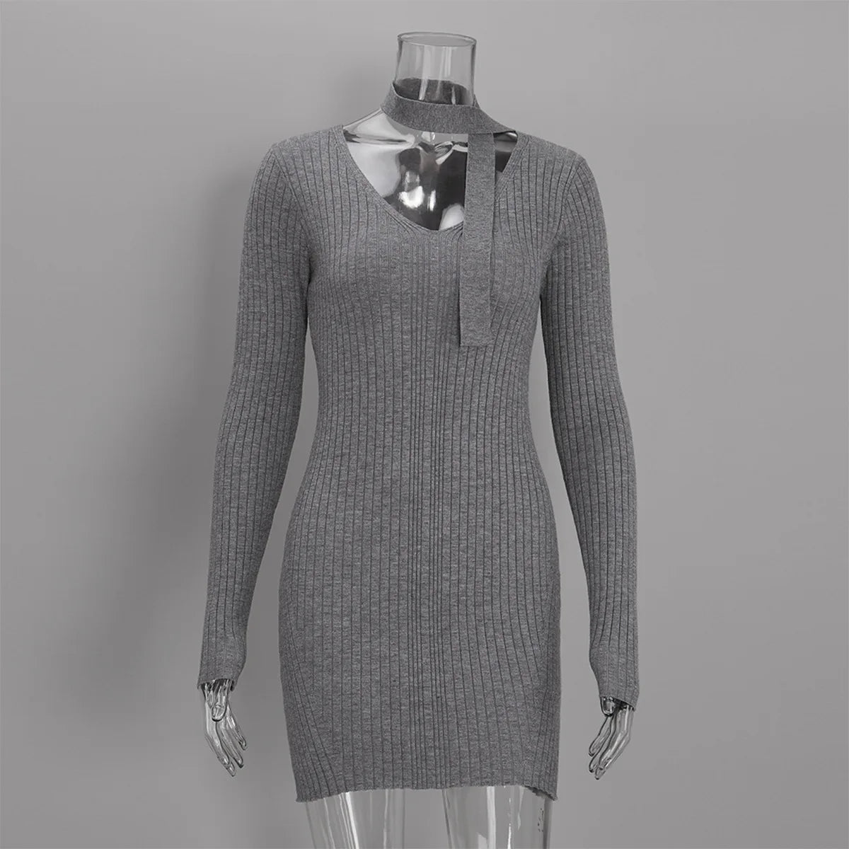 Dress with New Ribbed Mini Detachable Neck Scarf Design for Women's Elegant Outdoor Short Skirt
