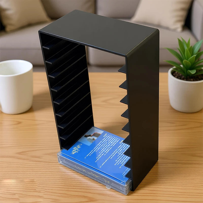 CD/DVD Media Storage Organizer 10 Grid Tape Storage Rack Durable Black Plastic Display Stands For Home And Office Organization