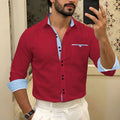 Men's Shirt, Color 21, Light Blue, Color-Blocked, Lapel, Long-Sleeved, Versatile and Stylish for Business Casual and Commuting.
