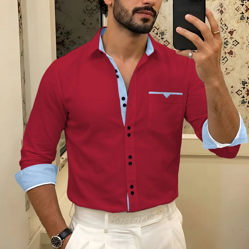 Men's Shirt, Color 21, Light Blue, Color-Blocked, Lapel, Long-Sleeved, Versatile and Stylish for Business Casual and Commuting.