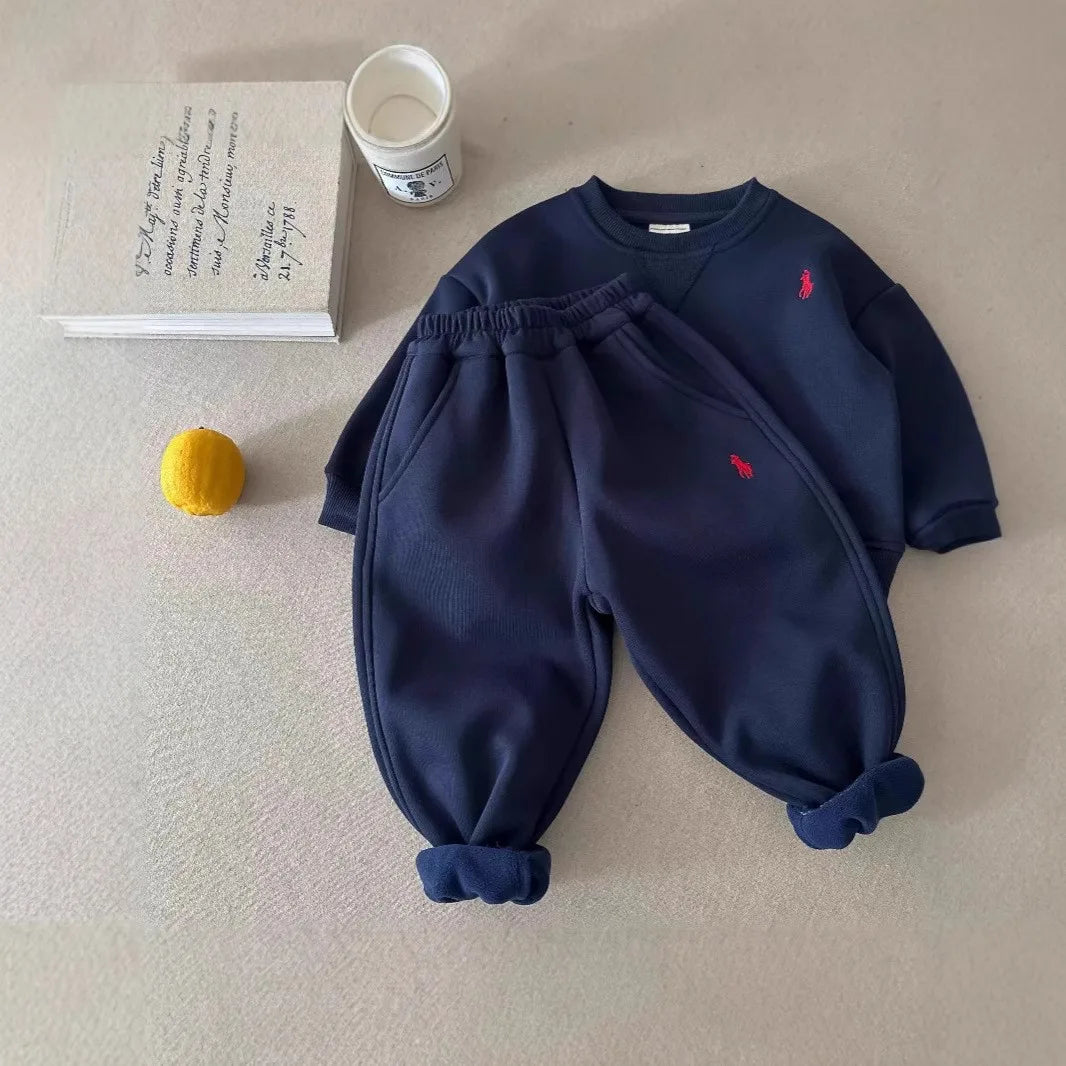 TZ2514 Korean Style Children's Winter Outfit Set Unisex Simple Fleece Sweatshirt Set Baby Trendy Warm Ensemble