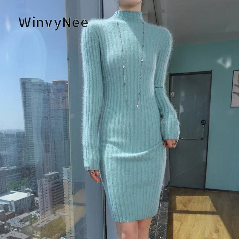 WinvyNee Women Midi Dress Mink Velvet Fitted High Neck Long Sleeve Brushed Fabric Cozy Street Look Casual Knit Garment ZE1248024