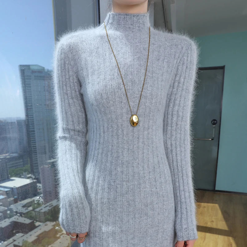 WinvyNee Women Midi Dress Mink Velvet Fitted High Neck Long Sleeve Brushed Fabric Cozy Street Look Casual Knit Garment ZE1248024