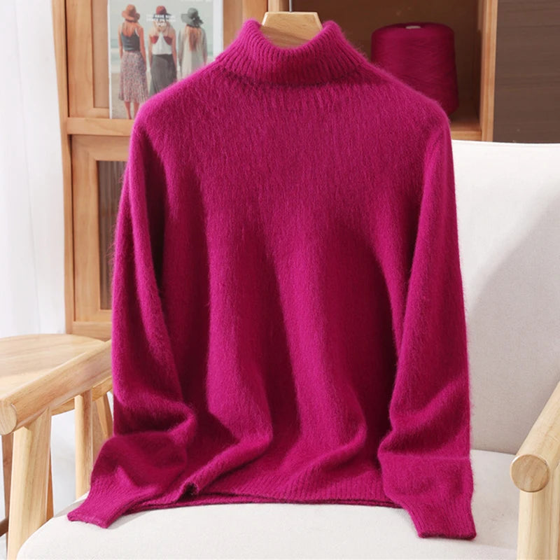 2025 Autumn/Winter New Women's 100% Mink Fur High Collar Sweater With Thick Pullover knit Sweater, Solid Color, High-End Fashion