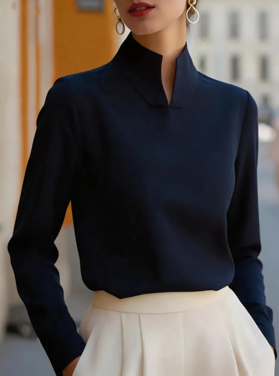 Women Stand Collar Split Neck Satin Long Sleeve Blouse Loose Elegant Soft Office Work Daily Casual Shirt Tops Autumn New 2026