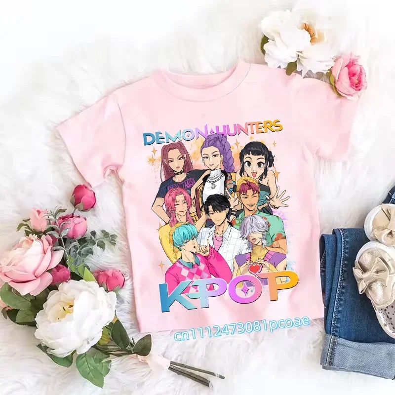 2026 Children's K-pop Demon Hunters T-shirt, a clothing item featuring anime cartoon patterns, a girls' casual top, gift options