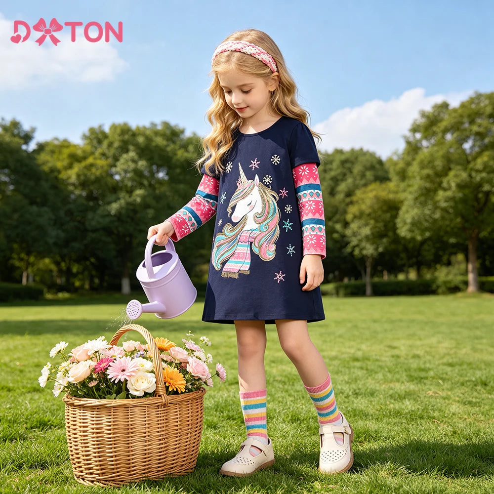 DXTON Children Cotton Dresses A-line Straight Girls Daily Dress Snowflakes Kids Autumn Clothing Unicorn Baby Girls Cartoon Dress