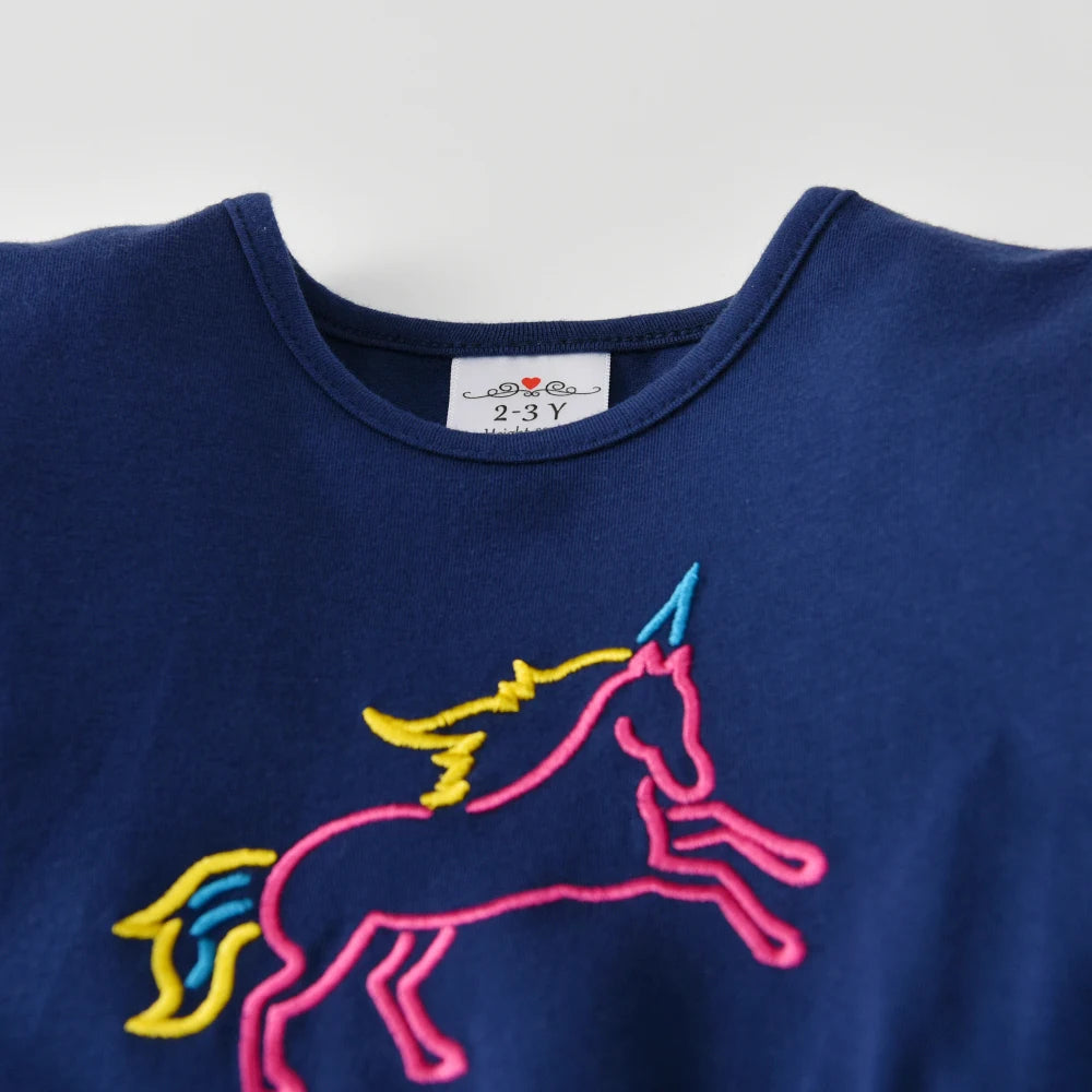 DXTON Autumn Kids Costume Embroidery Unicorn Long Sleeve Girls Dresses Mesh Star Blingbling Garden Play Children Casual Clothing