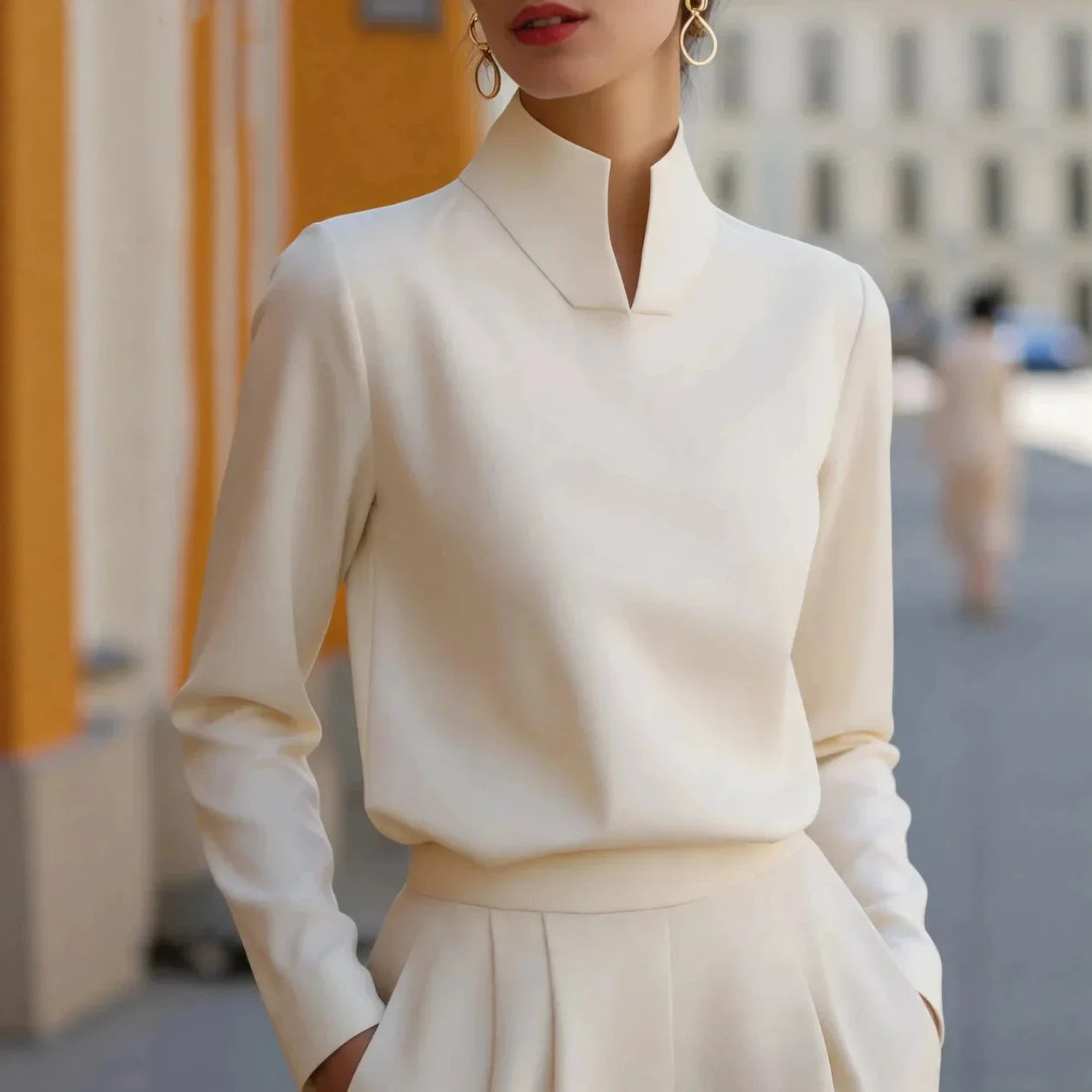 Women Stand Collar Split Neck Satin Long Sleeve Blouse Loose Elegant Soft Office Work Daily Casual Shirt Tops Autumn New 2026