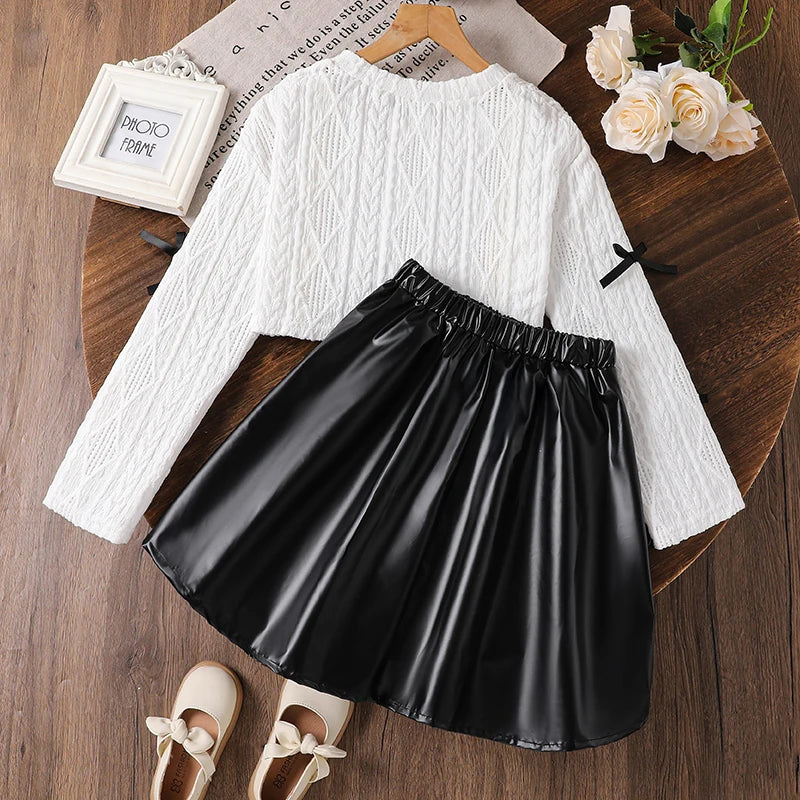 Girls Suit Autumn New 2PCS Solid Color White Bow O-Neck Long Sleeve Top & Black Skirt For Girls 8-12 Years Kids Fashion Outfit