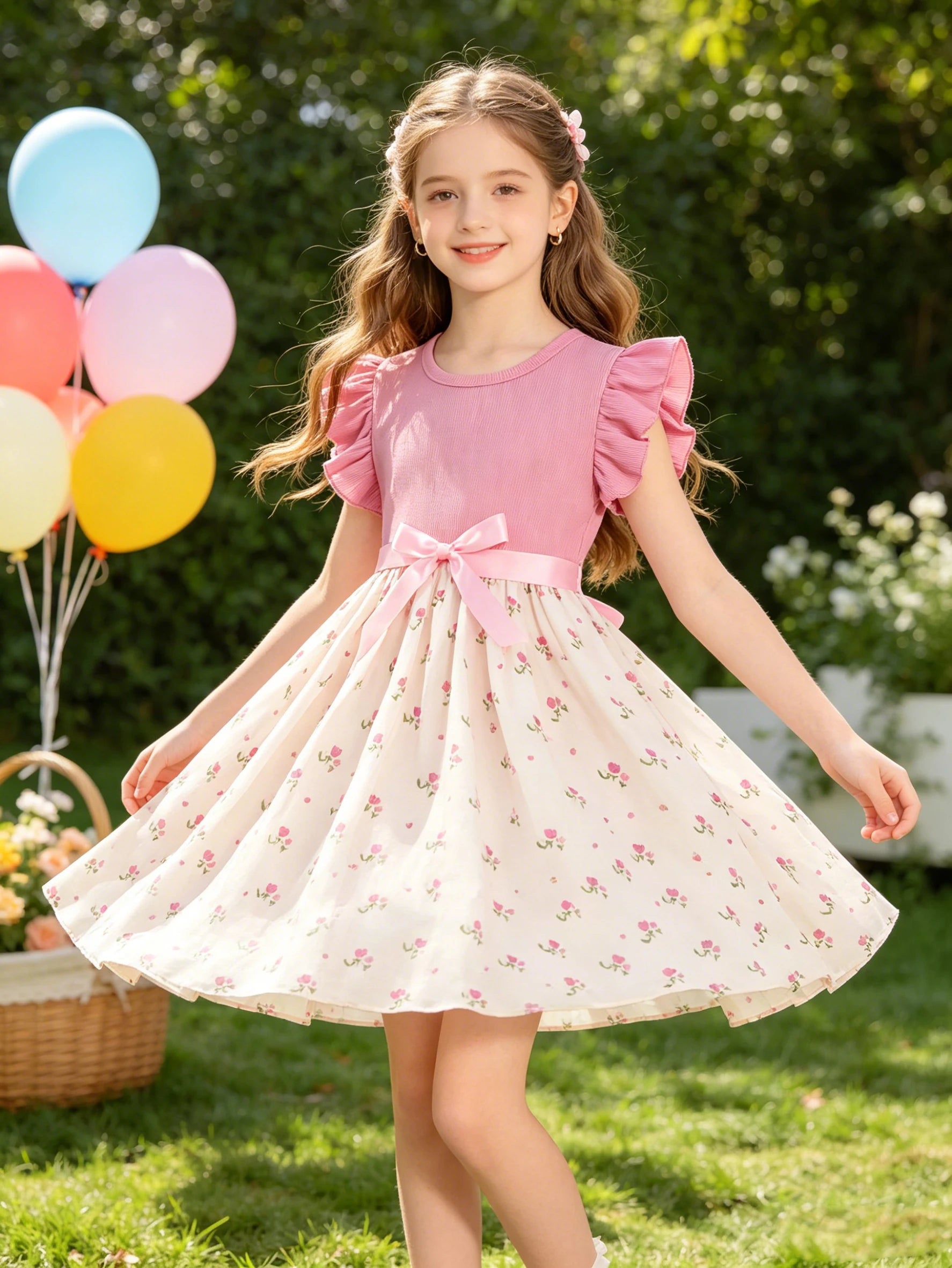 Summer Style Girls Sleeveless Round Neck Printed Dress with Belt Cute Flying Sleeve Outfit Pink