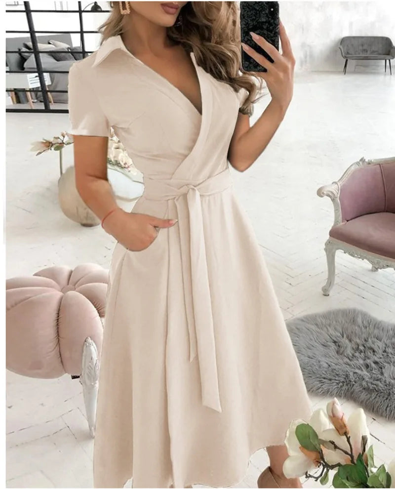 Women's Short Sleeve Wrap Dress V Neck Midi Dress With Self Tie Belt And Side Pockets For Casual Party Evening Wear