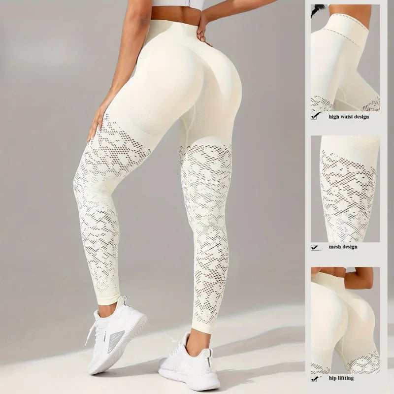 Women Hollow Mesh Yoga Tight Pants High Waist Leggings Workout Running Sexy Hip Liftting Stretchy Fitness Pants