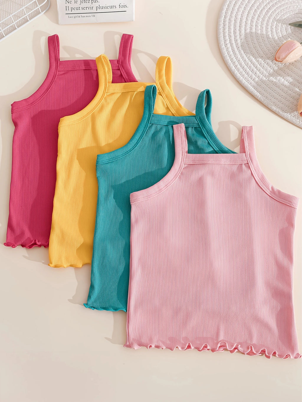 1Pc Kids Girls Solid Ribbed Singlet Thin Frill Edge Camisole Sleeveless Spaghetti Strap Breathable Underwear Home Top For 2-10Y