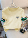 New Summer Heart Pattern Ribbed Pullover Sweater Casual Contrast Trim Crew Neck Short Sleeve Sweater Women's Clothing Crop Top