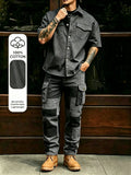 Men 100% Cotton Button Down Short Sleeve Cargo Shirts Multi Pocket Cargo Pants 2 Piece Suit Summer Outdoor Daily Matching Outfit