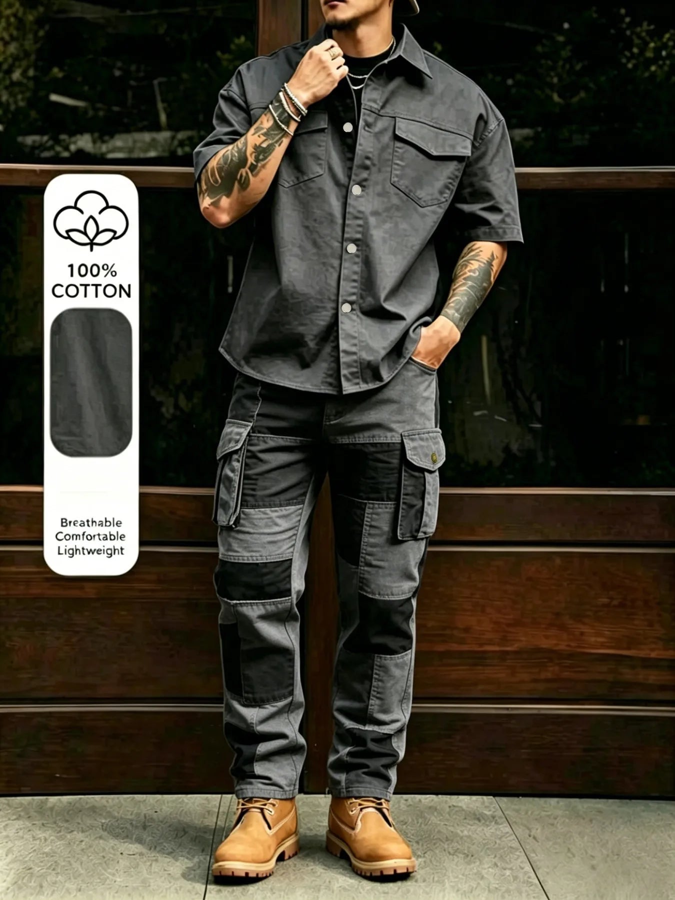 Men 100% Cotton Button Down Short Sleeve Cargo Shirts Multi Pocket Cargo Pants 2 Piece Suit Summer Outdoor Daily Matching Outfit