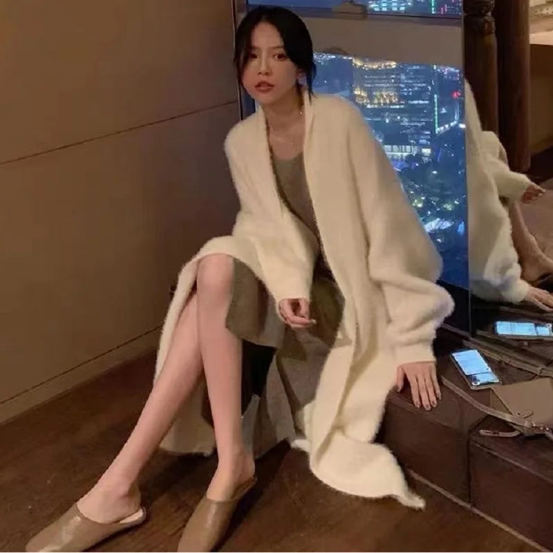 white Long Cardigan for women 2026 new winter clothes Knitted fluffy long sleeve Cashmere sweater coat korean style warm vintage