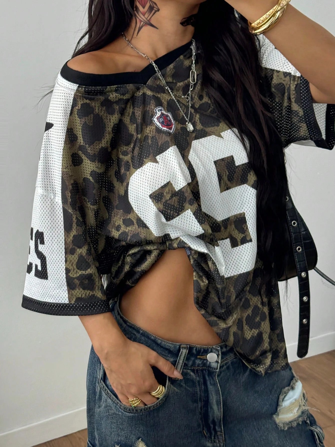 Women's Summer V Neck Short Sleeve T-shirt Leopard 23 Number Oversized Casual Streetwear Daily Sporty Urban Fashion Top