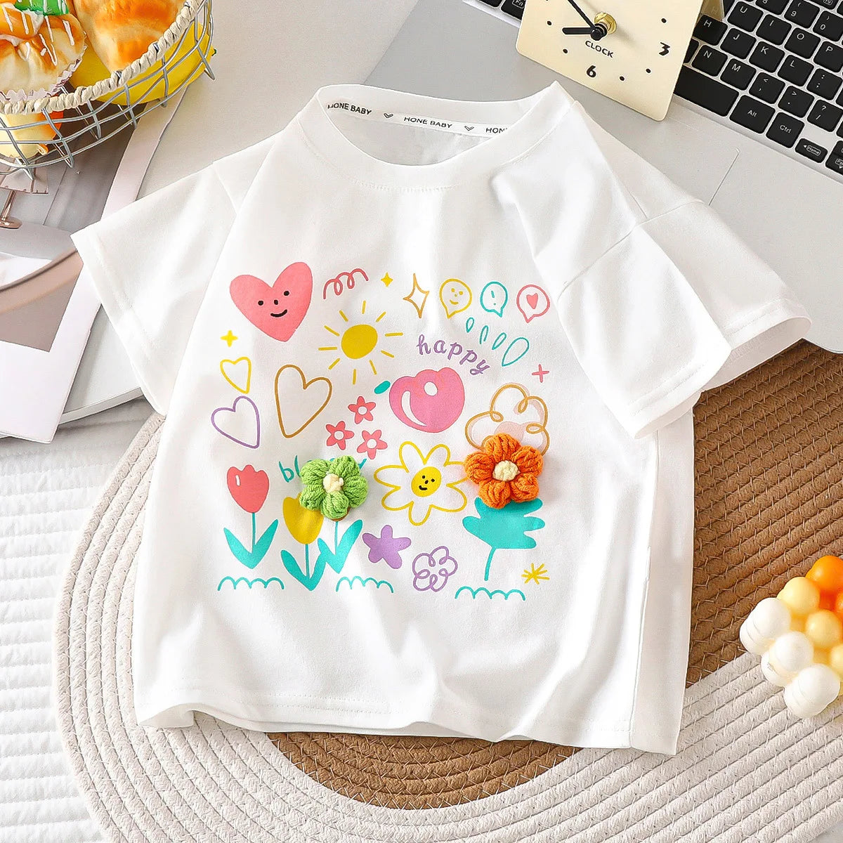 18M-9T summer children kids girls fashion cartoon cotton short sleeve stretch T shirt