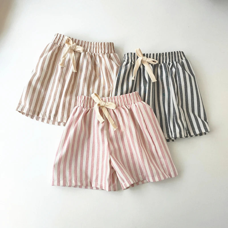 Children's Clothing Linen Cotton Shorts Summer Girls Boys Stripe Pants Kids Baby Casual Vintage Loose Short Pant Girl Clothes