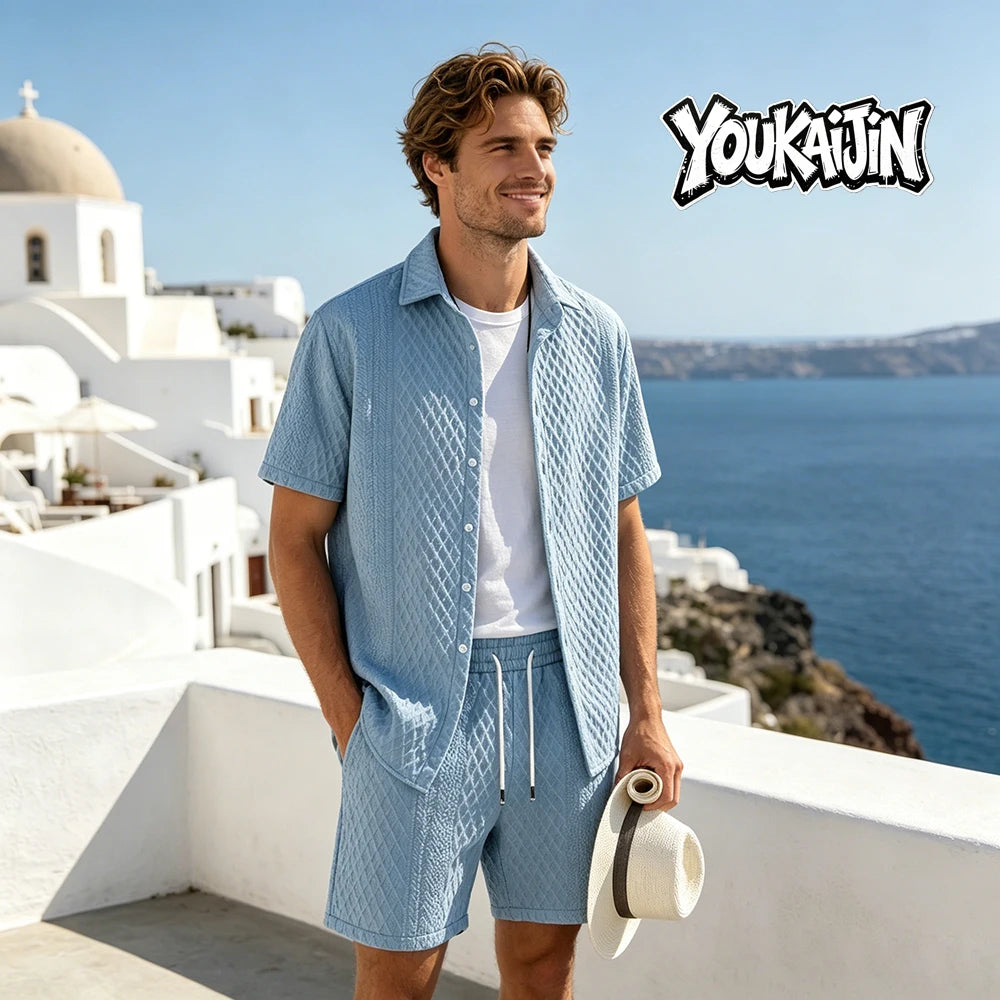 Summer New Men's Casual White Sportswear Shirt with A Lapel Men's Short-sleeved Button Shirt and Shorts Jacquard Texture Suit