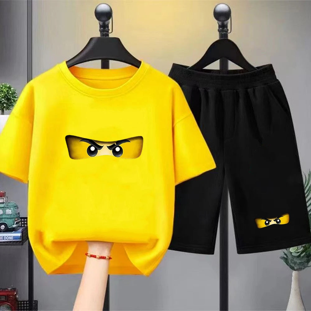 Summer T-Shirt Boy Girls Red Casual TShirt+Shorts Sets Ninja Printed Kids Outfits Teen Children's Short Sleeve Tops
