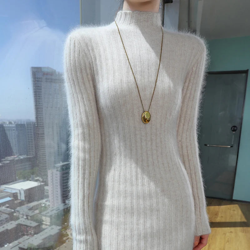 WinvyNee Women Midi Dress Mink Velvet Fitted High Neck Long Sleeve Brushed Fabric Cozy Street Look Casual Knit Garment ZE1248024