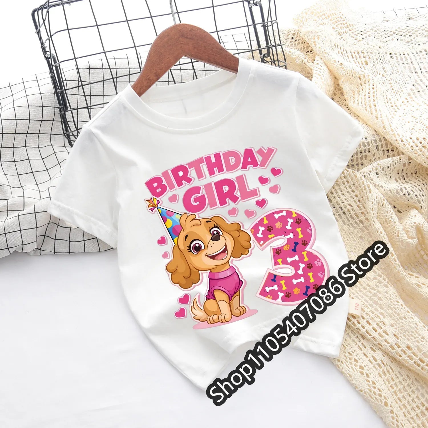 Paw Patrol Skye T-shirt Children Birthday Number Tee Top Girls Pink Clothes Cartoon Anime Short Sleeve Kids Loose Clothing Gift