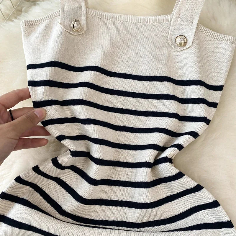Women Striped Knit Sling Dress Blue White Wide Strap Metal Button Slim Fit Bodycon Mini Casual Summer Vacation Lady All Season