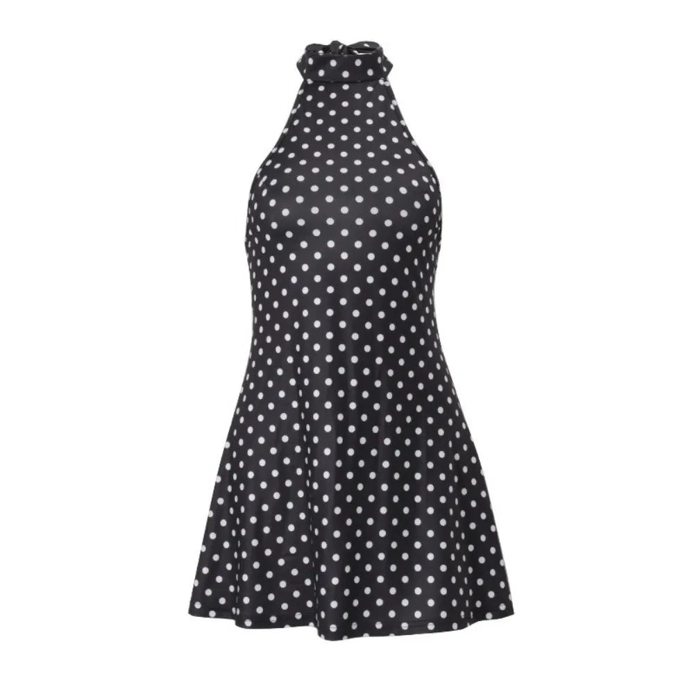 Trendy Backless Women's Sleeveless Dress A-Line Cinched Waist Polka Dot Dress Sexy Breathable Halter Neck Dress Resort Wear
