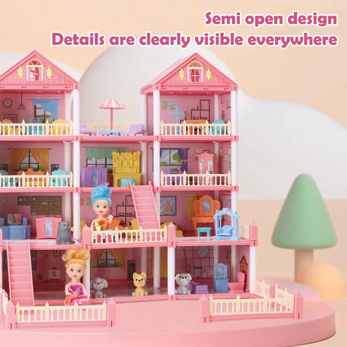 Girl Doll House Toy 3d Assembly Dollhouse Diy Mini Toy Accessories Villa Princess Pink Castle Children Pretend Birthday Gift