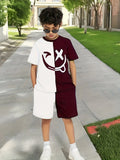 Boys 2Pcs Summer Outfit Smile Face Print Beige Black Color Block Casual Sportswear Kids Streetwear