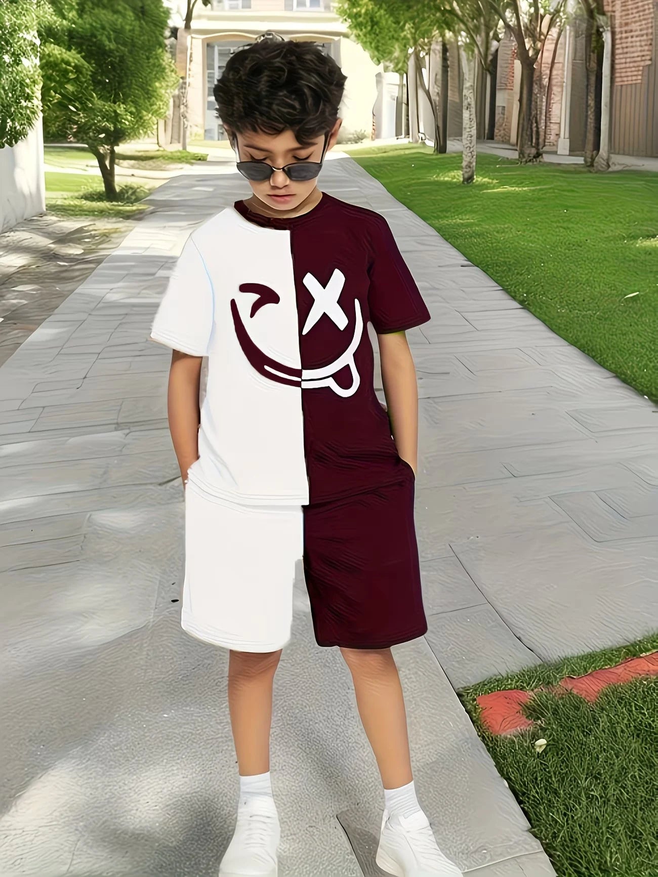Boys 2Pcs Summer Outfit Smile Face Print Beige Black Color Block Casual Sportswear Kids Streetwear